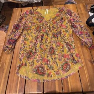 Anthropologie Gretchen Mustard Floral Smocked Women's Top Size Medium